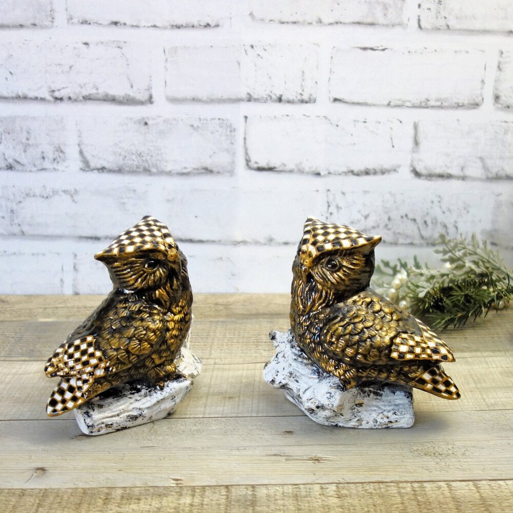 Checked Owl Figurines with Appraisal Checked Birds Gilded Gold Maximalist Art